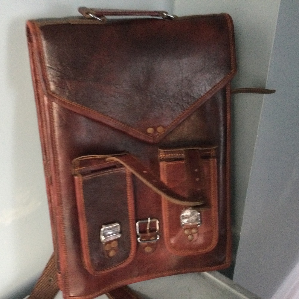 Vintage Brown Leather Backpack with Distressed Patina 16 by 12 inches